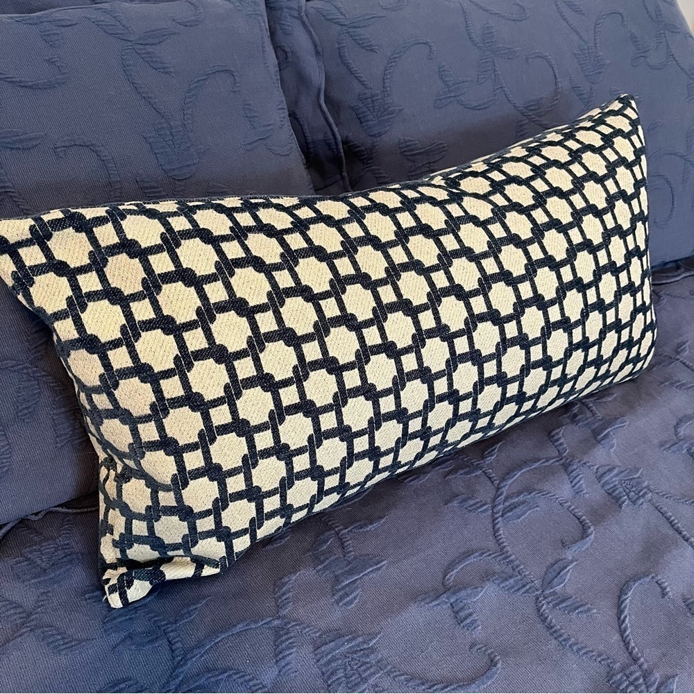Blue and Tan Feather Bolster Accent Pillow Rectangle Geometric